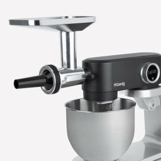 Kit hachoir a viande : 1 stainless steel meat grinder, 3 stainless steel grinding plates, 2 stuffer tubes for small and large sausages, 1 presser, 1 cookies set 3 pcs H.Koenig KM5 KM120